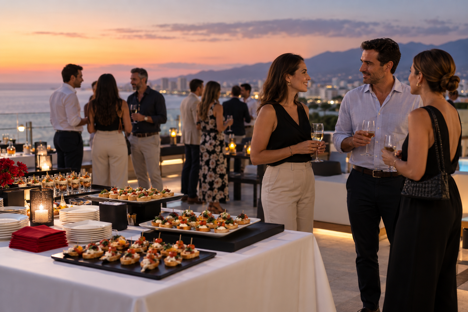 Escena ilustrativa de un encuentro corporativo en una terraza costera